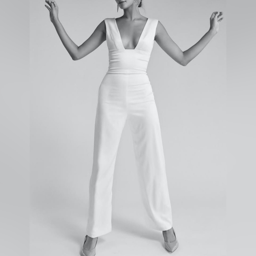 Sarah Seven Ivory Deep-V Wide Leg Jumpsuit